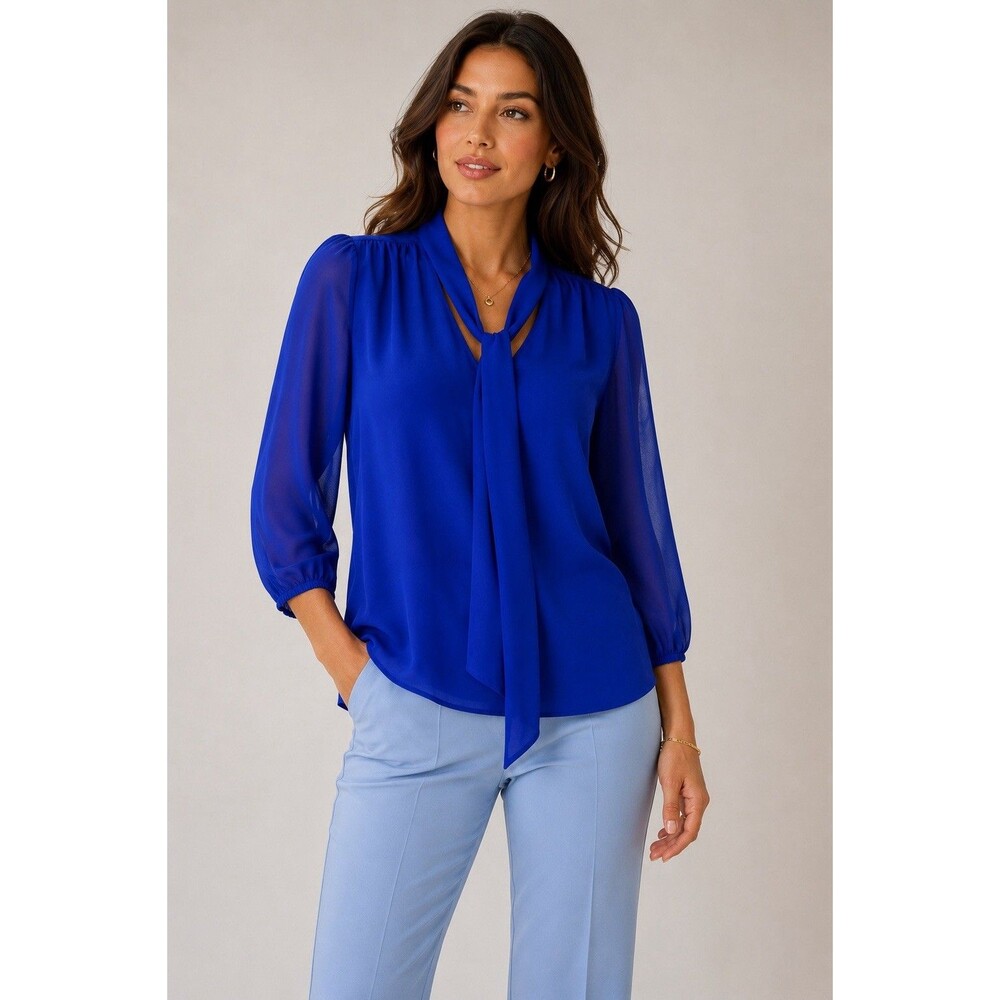 7th Avenue Design Studio Royal Blue Tie Neck Blouse Women Size S Sheer